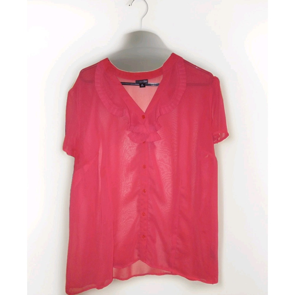 East 5th SHEER Sz 2X Coral Button Down Top Blouse Women's Ruffles Office Career